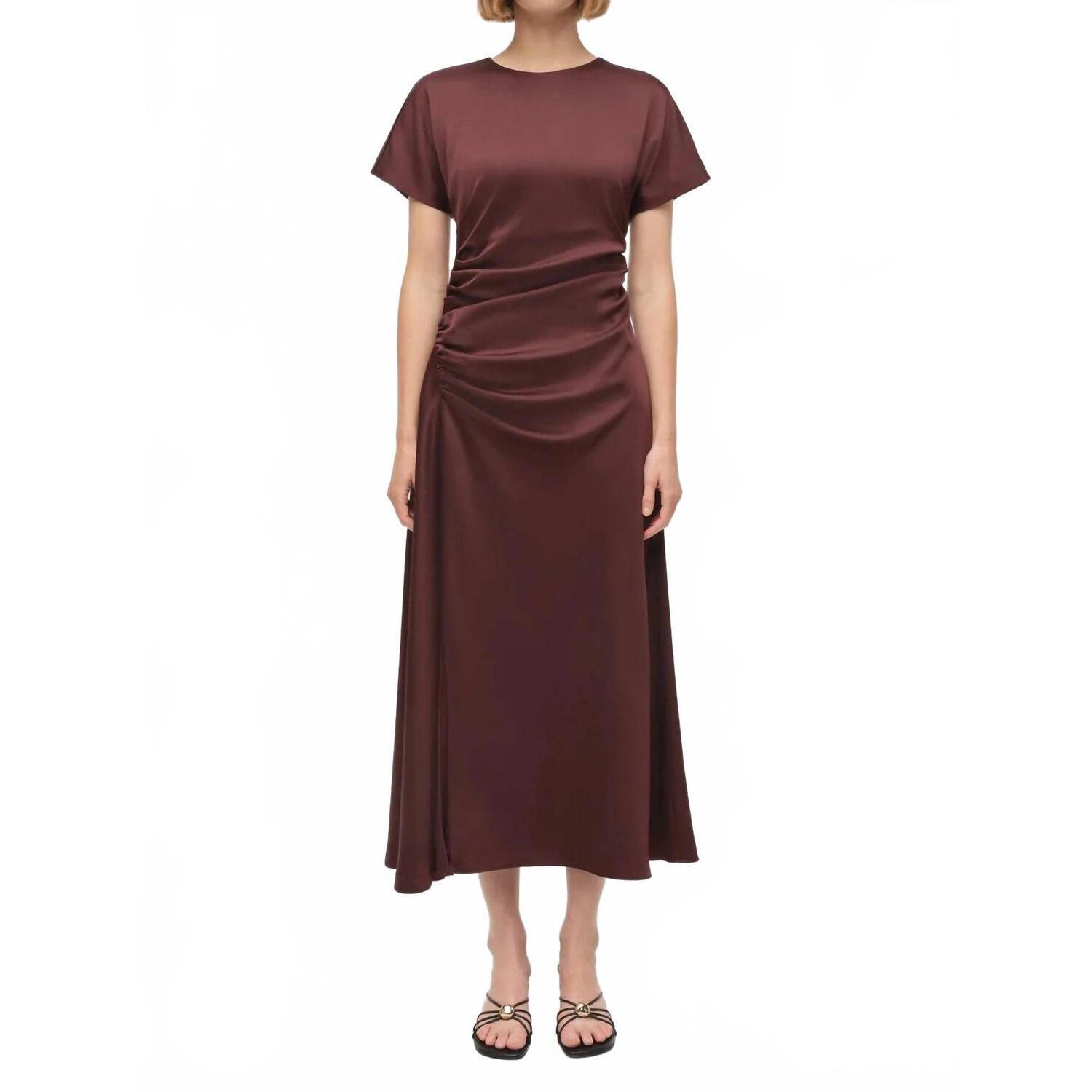 New Simkhai Marabella Draped Satin Midi Dress In Mahogany